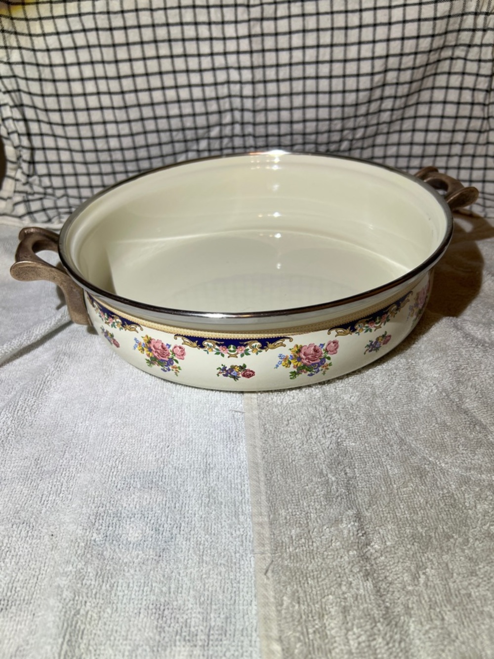 Vintage Asta floral enamel pan with brass handles 
Made in West Germany